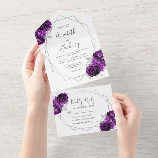 Pum Silver Floral Geometric White Wedding All In One Einladung (Abreißen)