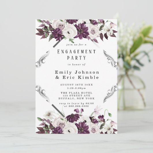 Pum Silver Geometric Floral Engagement Party Einladung (Stehend Vorderseite)