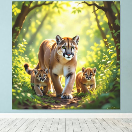Pumafamilie im Herzen der Berge Leinwanddruck (Insitu (Holzboden))