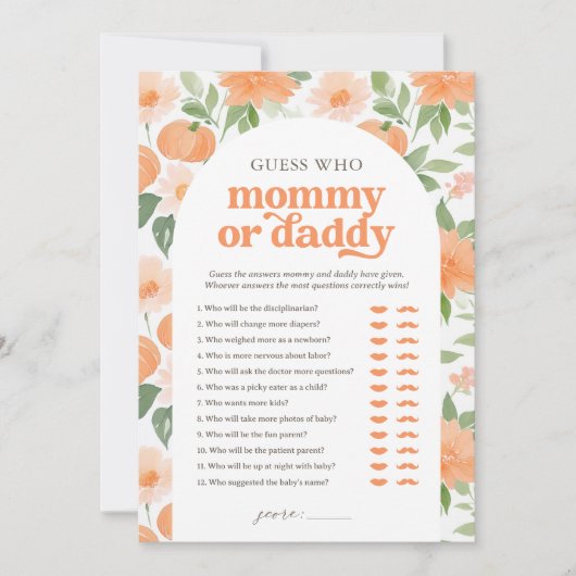 Pumkin Baby Shower raten, wer Mama oder Papa Einladung (Vorderseite)