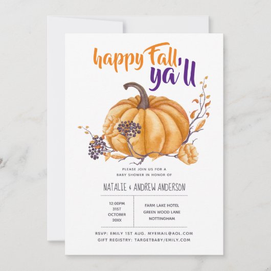 Pumkin Fall Baby Dusche Halloween Org/Purp Einladung (Vorderseite)