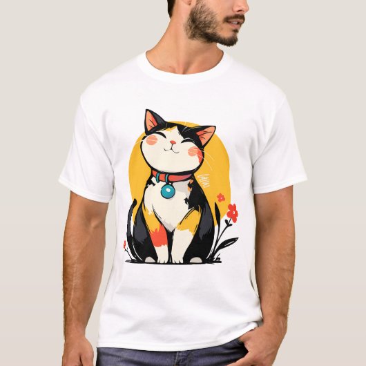 Pummeliger lächelnder Dreifarbenkatzen-Button T-Shirt (Vorderseite)