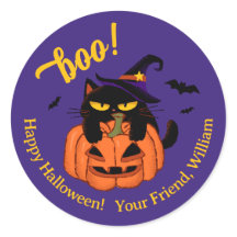 Pummeliger schwarzer Kater in Hexenhut Halloween b