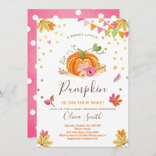 Pumpen Baby Dusche Einladung Herbst Pink (Vorne/Hinten)