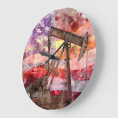Pumpjack Silhouette Aquarell mit amerikanischer Fl Große Wanduhr (Winkel)