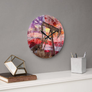 Pumpjack Silhouette Aquarell mit amerikanischer Fl Große Wanduhr
