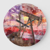 Pumpjack Silhouette Aquarell mit amerikanischer Fl Große Wanduhr (Vorderseite)