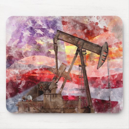 Pumpjack Silhouette Aquarell mit amerikanischer Fl Mousepad (Vorne)