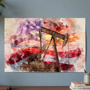 Pumpjack Silhouette Aquarell mit amerikanischer Fl Poster