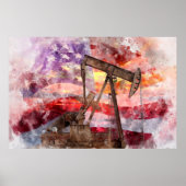 Pumpjack Silhouette Aquarell mit amerikanischer Fl Poster (Vorne)