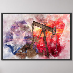 Pumpjack Texan Ikone Aquarell mit Texas Flag Fotodruck