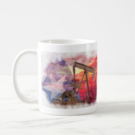Pumpjack Texan Ikone Pastellfarben zeichnend mit T Kaffeetasse (Links)