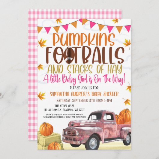 Pumpkin and Footballs Mädchendusche Einladung (Vorne/Hinten)