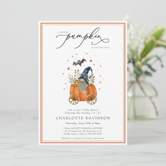 Pumpkin auf dem Weg Fall Geschlecht neutrale Baby- Einladung (Stehend Vorderseite)
