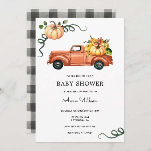 Pumpkin Autumn Truck Baby Dusche Einladung (Vorne/Hinten)