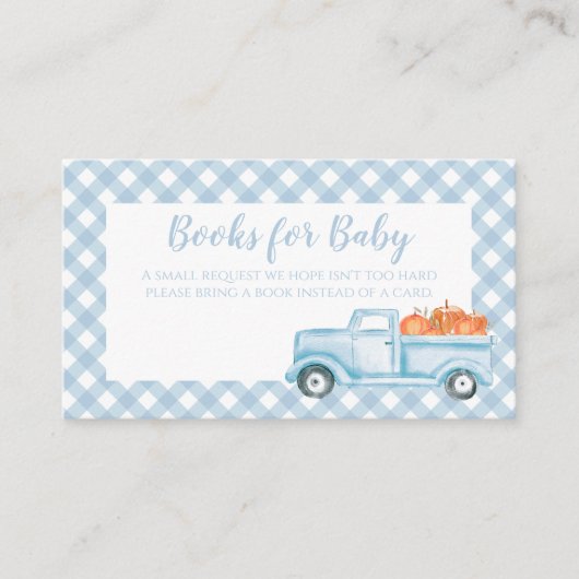 Pumpkin Baby Dusche Blue Kariert Truck Book Anfrag Begleitkarte (Vorderseite)