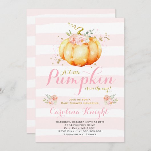 Pumpkin Baby Dusche Einladung Pink Gold Pumpkin (Vorne/Hinten)