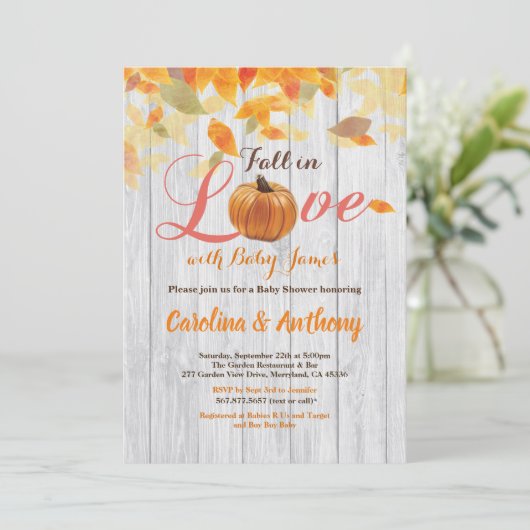 Pumpkin Baby Dusche Einladung rustikales Holz (Stehend Vorderseite)