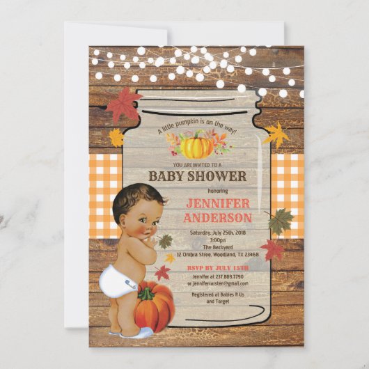 Pumpkin Baby Dusche Einladung rustikales Holz (Vorderseite)