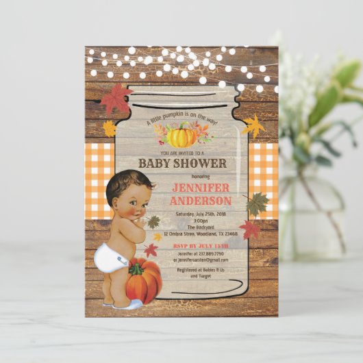 Pumpkin Baby Dusche Einladung rustikales Holz (Stehend Vorderseite)