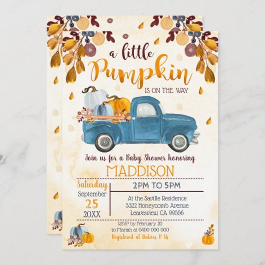 Pumpkin Baby Dusche Einladung Truck Pumpkins Boy (Vorne/Hinten)