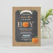 Pumpkin Baby Dusche Es ist ein Boy Party rustikale Einladung (Stehend Vorderseite)