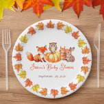 Pumpkin Baby Dusche Herbstlaub Niedlich Fox Bunny  Pappteller<br><div class="desc">Für eine Babydusche im Herbst mit Kürbisthema. In der Mitte befindet sich ein Kürbis mit einer Eule, umgeben von Waldtieren: ein roter Fuchs zu den links, ein Eichhörnchen und ein Kaninchen rechts. Unter ihnen sind der Name und die Gelegenheit in einem roten Schriftsatz geschrieben. Um sie herum, an der Grenze,...</div>