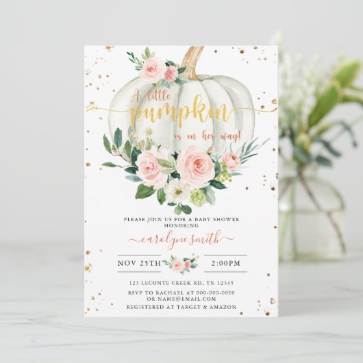 Pumpkin Baby Dusche, rosa Gold Elegant Einladung (Stehend Vorderseite)