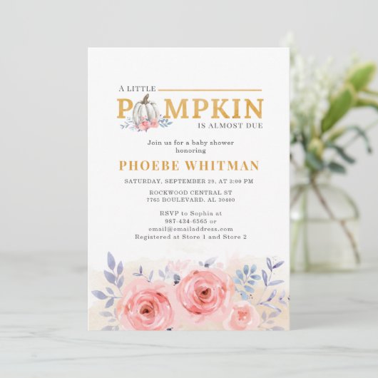 Pumpkin Baby Dusche Wasserfarbe Rosa Rosen Einladung (Stehend Vorderseite)
