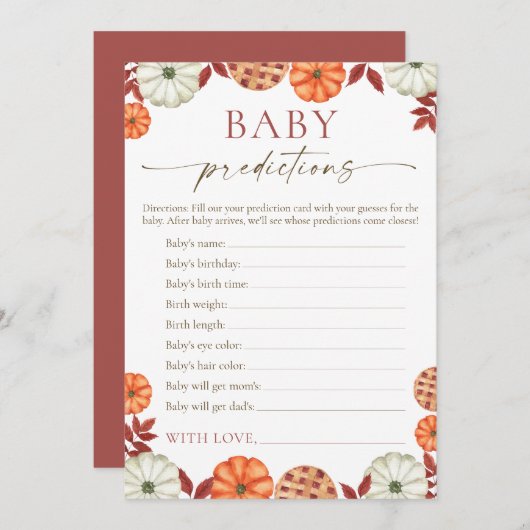 Pumpkin Baby Predictions Baby Shower Game Hinweiskarte (Vorne/Hinten)