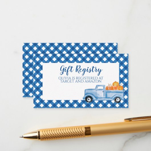 Pumpkin Baby Shower blue Plaid Truck Gift Registry Begleitkarte (Vorderseite/Rückseite Beispiel)