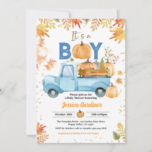 Pumpkin Baby Shower Boy Blue Truck Wasserfarbe Einladung (Vorderseite)
