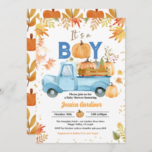 Pumpkin Baby Shower Boy Blue Truck Wasserfarbe Einladung (Vorne/Hinten)