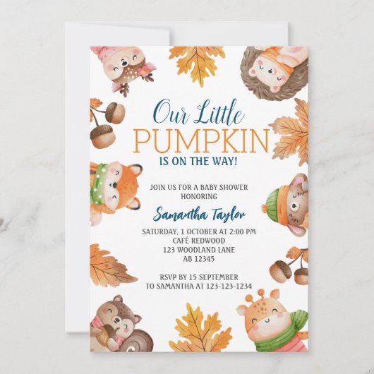 Pumpkin Baby Shower Einladung, Fall Woodland Einladung (Vorderseite)