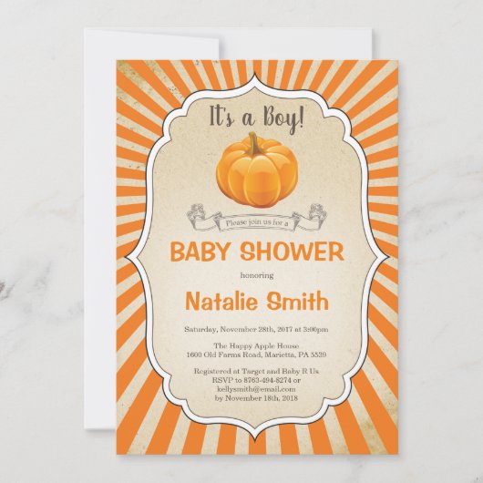 Pumpkin Baby Shower Einladung Herbst Junge (Vorderseite)