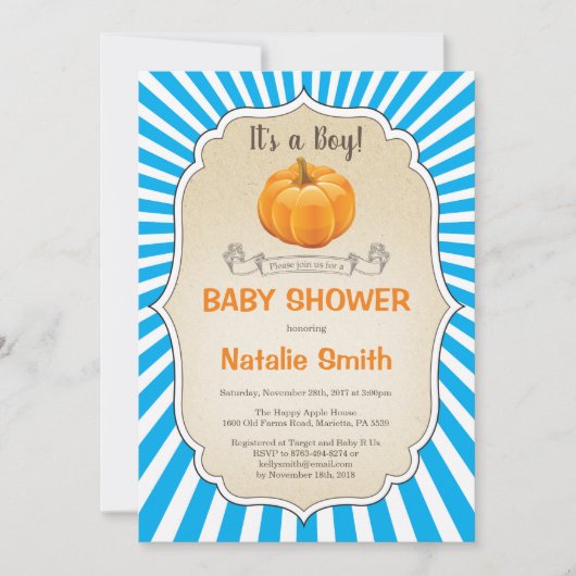 Pumpkin Baby Shower Einladung Herbst Junge (Vorderseite)