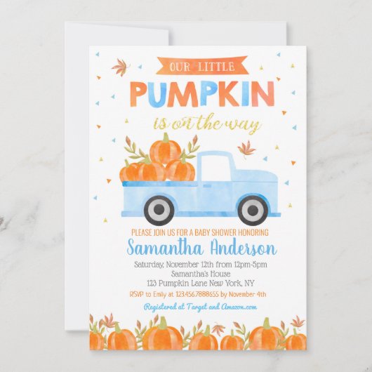 Pumpkin Baby Shower Einladungen Blue Truck Boy (Vorderseite)