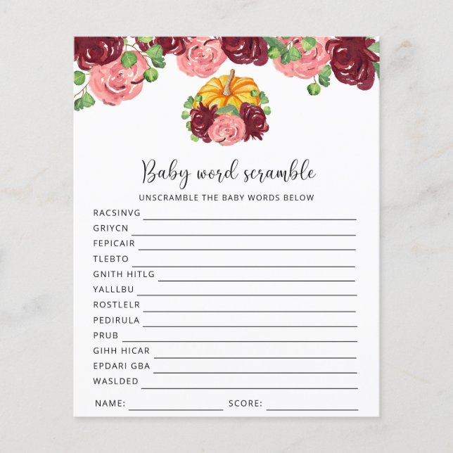 Pumpkin - Baby Word Scramble | Baby Showspiel (Vorderseite)