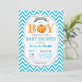 Pumpkin Babydusche Einladung Herbst Junge (Stehend Vorderseite)