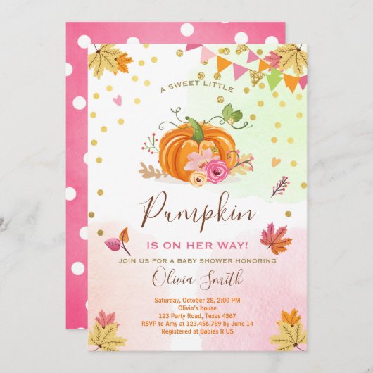 Pumpkin Babydusche Einladung Herbst Pink (Vorne/Hinten)