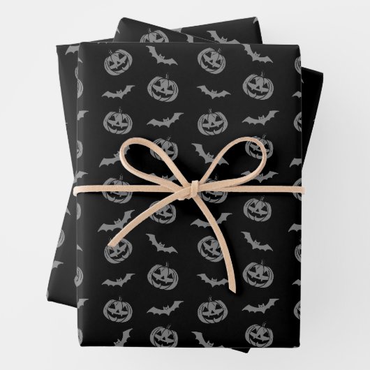 Pumpkin Bat Trick oder Treat Grau auf schwarzem Mu Geschenkpapier Set (Beispiel)