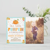 Pumpkin Birthday Einladung Boy Birthday Fall Blue (Stehend Vorderseite)