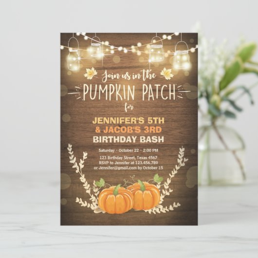 Pumpkin Birthday Einladung Patch Twins Fall (Stehend Vorderseite)
