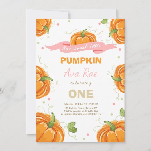 Pumpkin Birthday Einladung Pink Erster Geburtstag (Vorderseite)