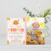 Pumpkin Birthday Einladung Pink Erster Geburtstag (Stehend Vorderseite)