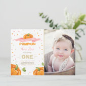 Pumpkin Birthday Einladung Pink Erster Geburtstag (Stehend Vorderseite)