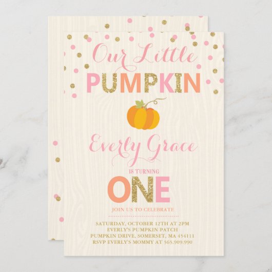 Pumpkin Birthday Einladung Pink Gold Pumpkin (Vorne/Hinten)