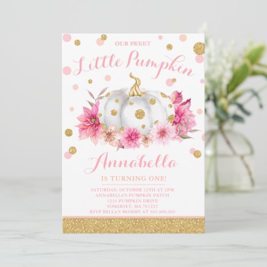 Pumpkin Birthday Einladung Pink Gold Pumpkin (Stehend Vorderseite)