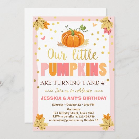 Pumpkin Birthday Einladung Pink Twin Joint Dual (Vorne/Hinten)