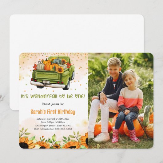 Pumpkin Birthday Foto Einladung (Vorne/Hinten)